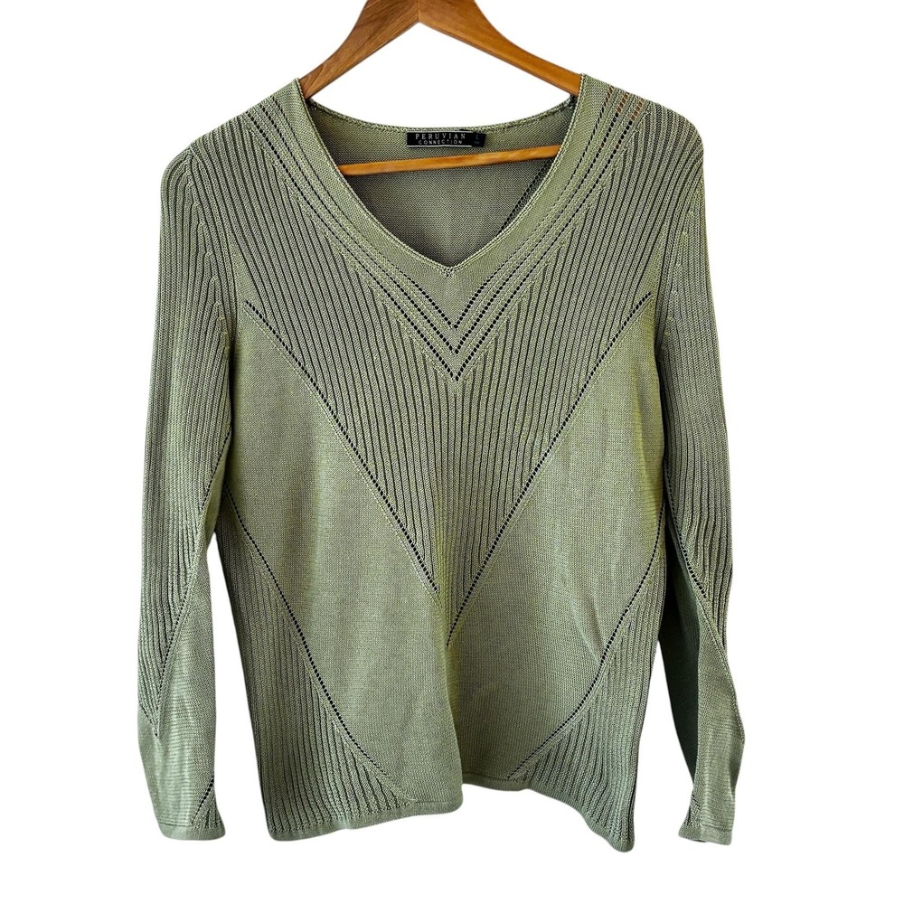 Peruvian Connection 100% Pima Cotton Sweater Womens‎ L Green V Neck Knit Chevron